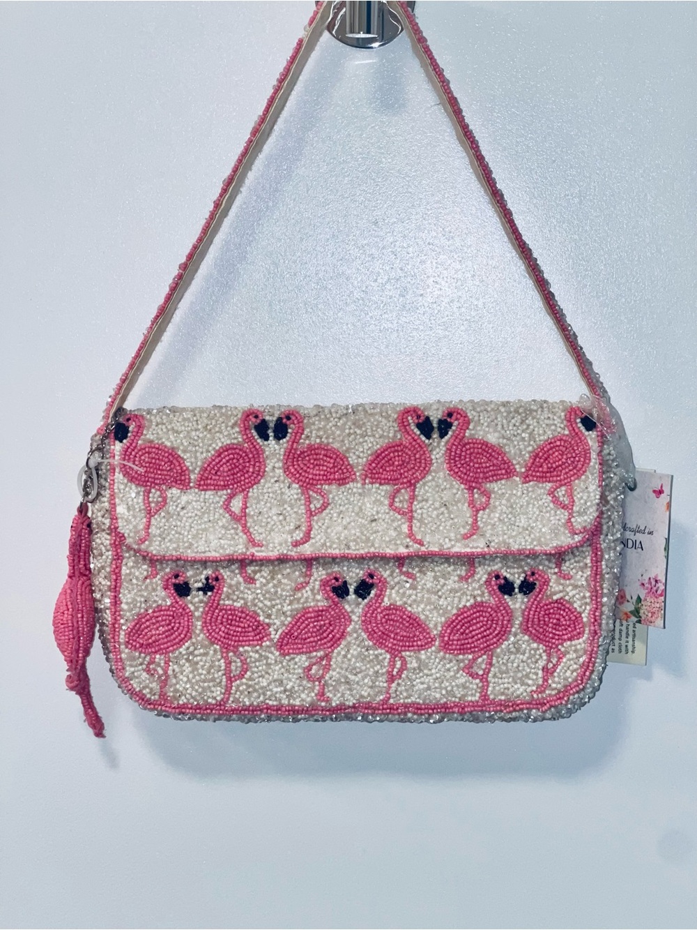 Pink Flamingo Beaded Top-Handle Bag White Sequins Viral Novelty India New - Picture 2 of 8